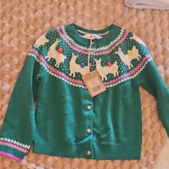 Mini Boden Green Llama Sweater with Colorful Accents
